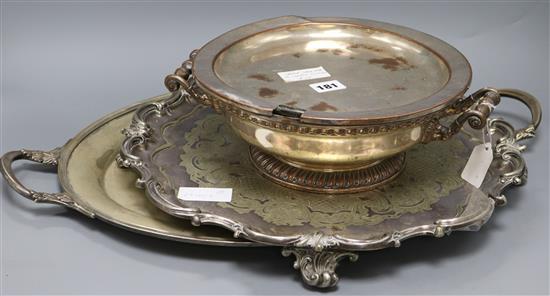 A French plated tureen, a salver and a tray